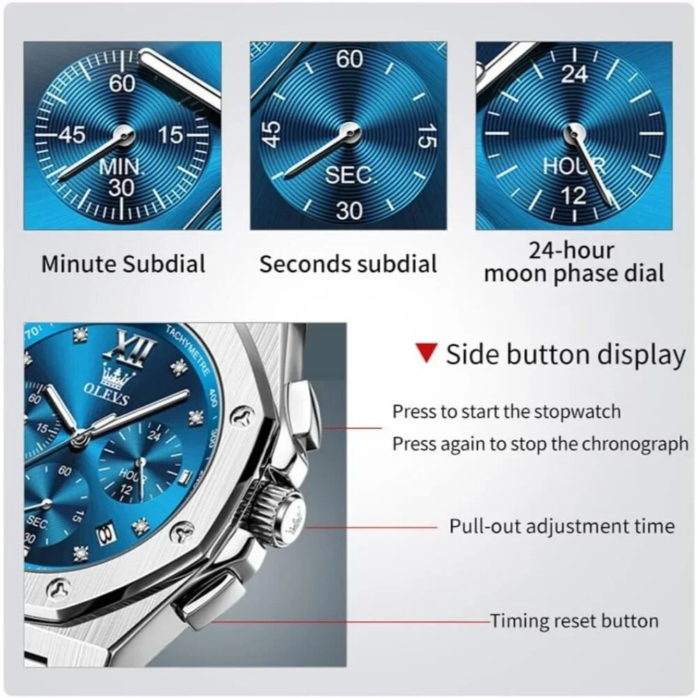 Olevs Men's Silver Blue Stain Steel Man Watch with Date Luminous Stylish Watch